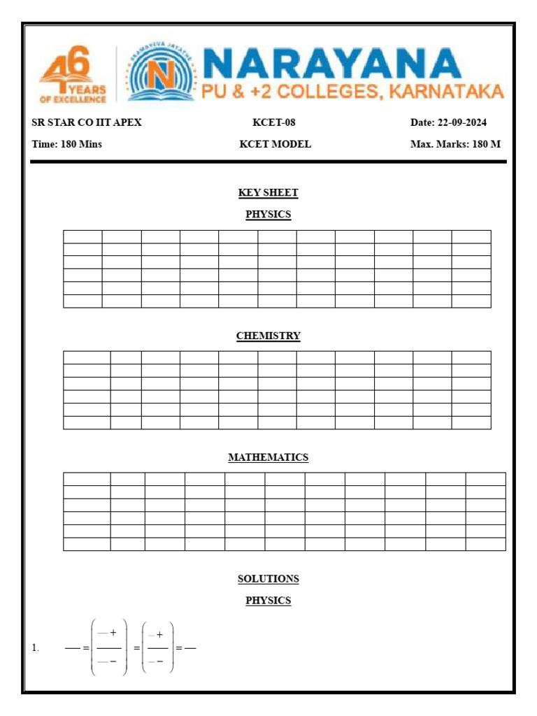 KCET 2024 Model Answer Key | PDF | Mole (Unit) | Chemistry