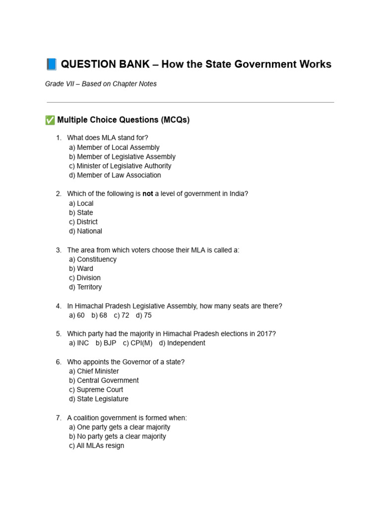 Grade VII Question Bank on State Government | PDF | Accountability ...