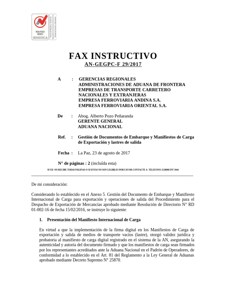 Fax Instructivo An GEGPC F 29 - 2017 Gestion de Documentos de Embarque ...