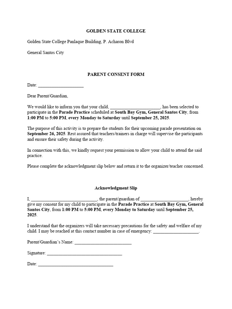Parent Consent Form for Parade Practice | PDF