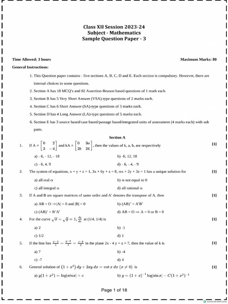 XII Maths, Sample Paper (2023-24) | PDF