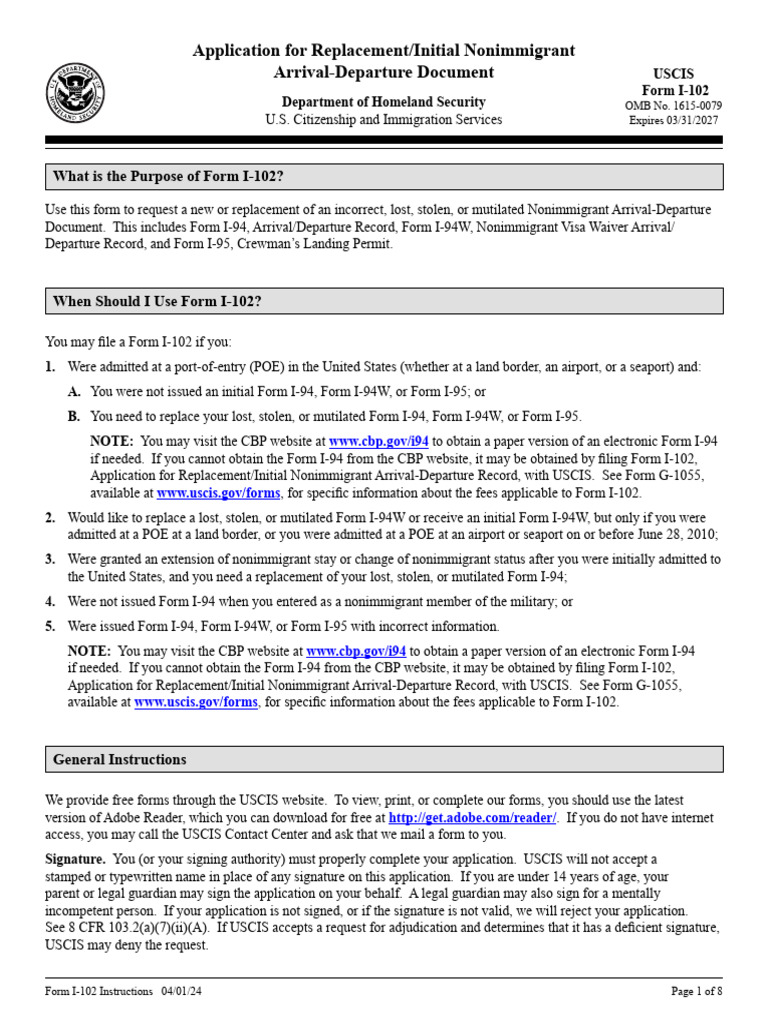 I-102 Form: Replacement of I-94 Document | PDF | United States ...