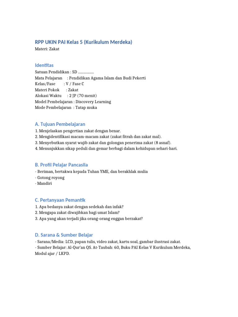 RPP UKIN PAI Kelas5 Zakat Lengkap | PDF