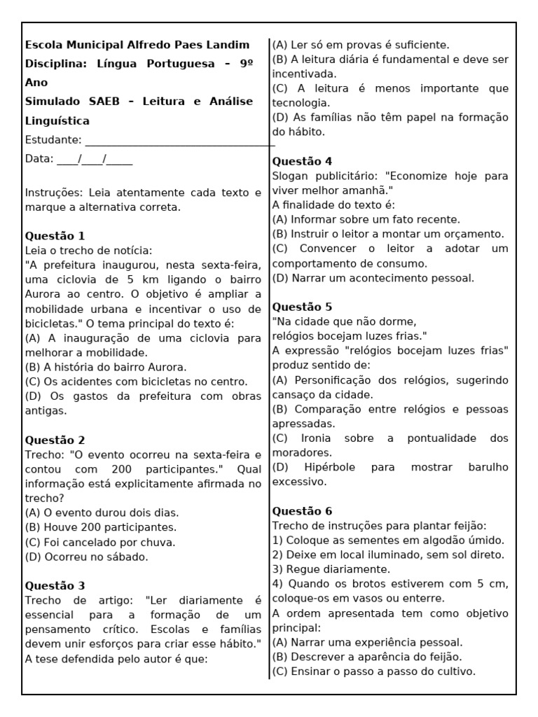 Simulado SAEB: Português 9º Ano | PDF | Desperdício