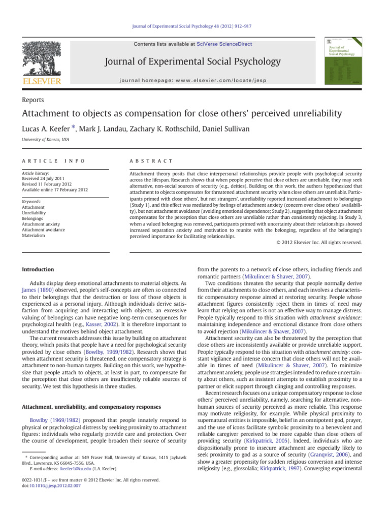 Attachment To Objects As Compensation For Close 2012 Journal of ...