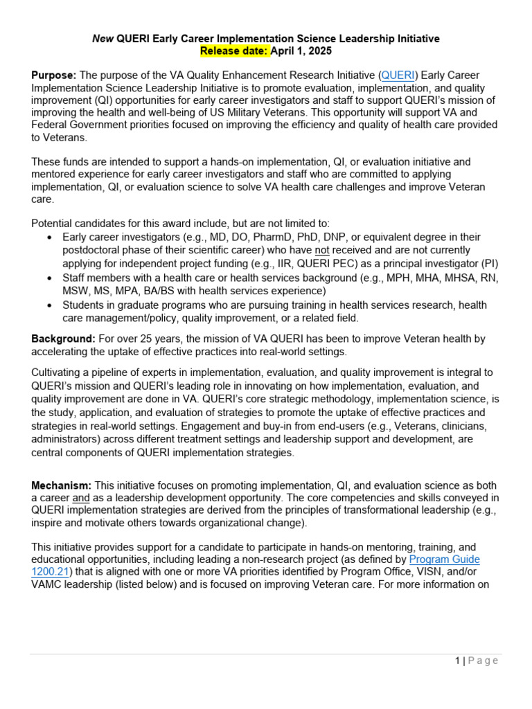 VA QUERI Early Career Initiative Guide | PDF | Hyperlink | Artificial ...