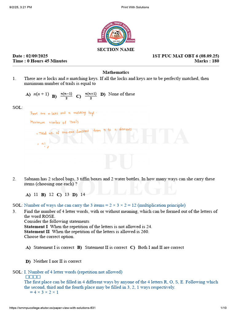 1st PUC Mathematics Solutions Guide | PDF | Triangle | Mathematics