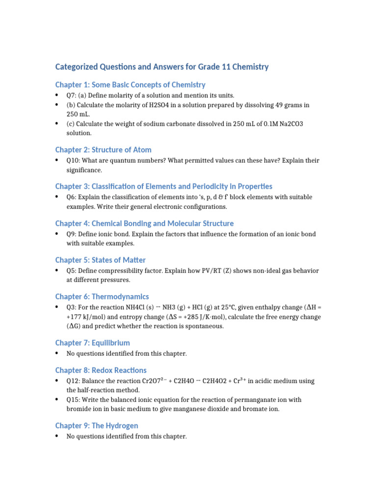 Grade 11 Chemistry Q&A Guide | PDF | Chemical Reactions | Chemistry