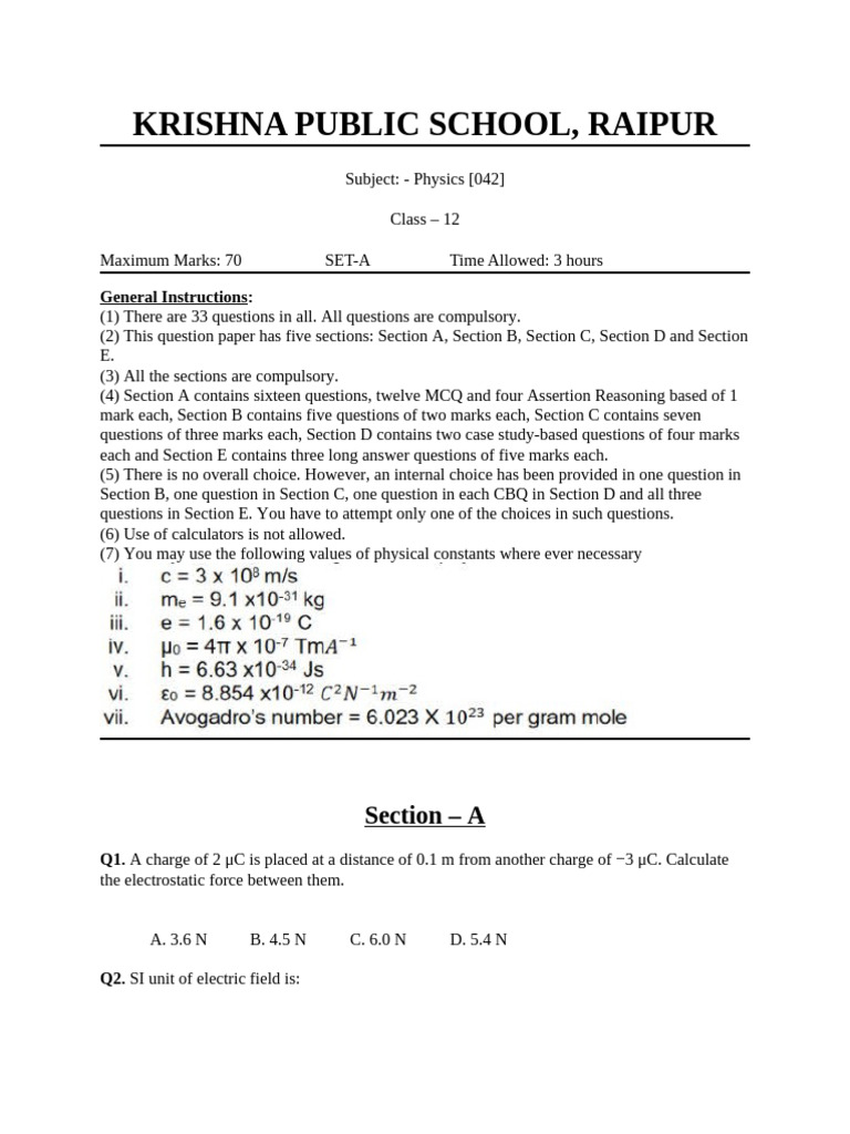 Class 12 Physics Question Paper Set A | PDF | Capacitor | Dielectric