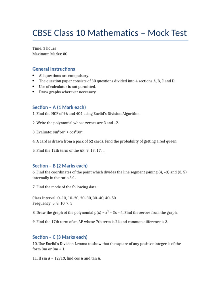 CBSE Class 10 Math Mock Test Paper | PDF | Polynomial | Mathematics