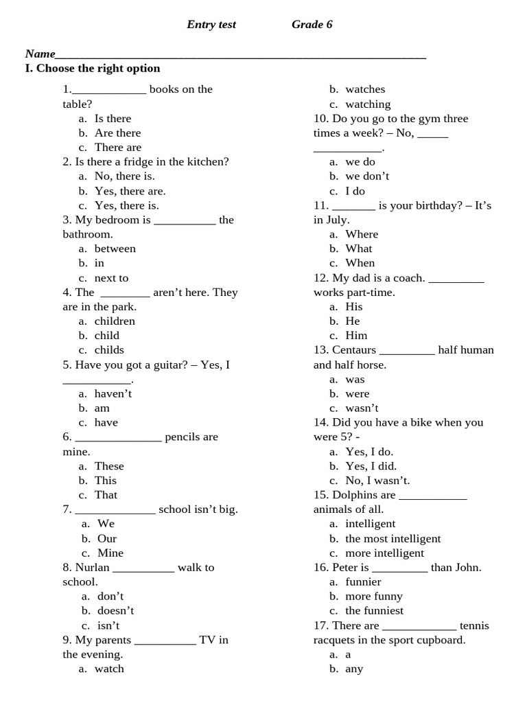 Grade 6 English Entry Test Questions | PDF | Chess Theory | Chess