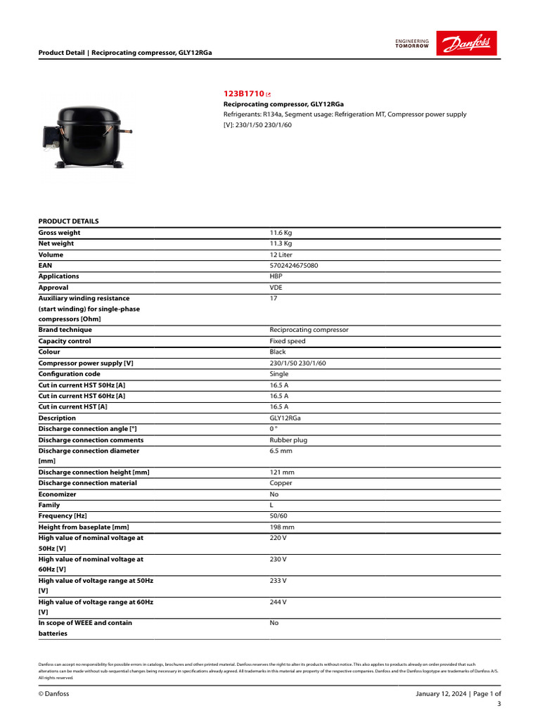 GLY12RGa Reciprocating Compressor Specs | PDF | Electrical Components ...