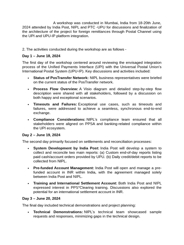 UPI and UPU-IP Integration Workshop Summary | PDF