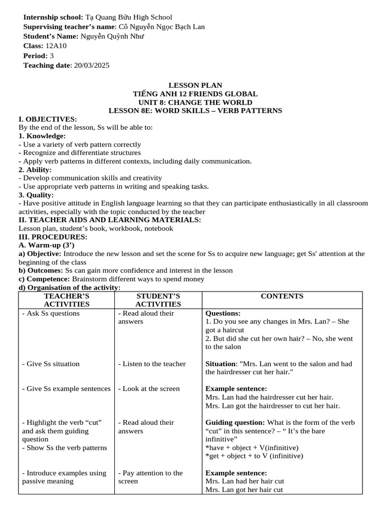 Lesson Plan: Verb Patterns in English | PDF | Lesson Plan | Verb