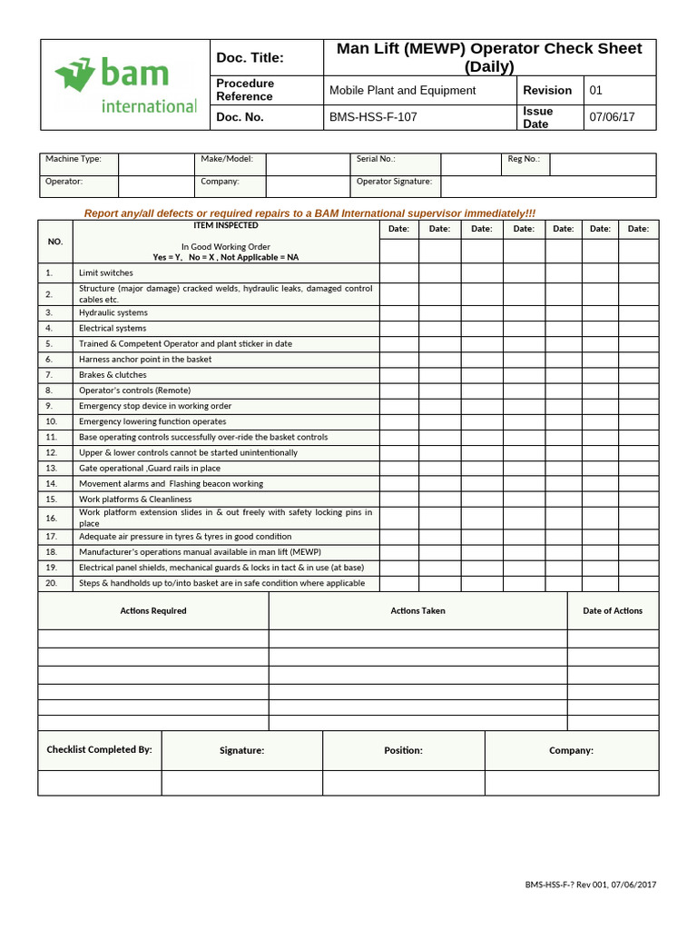 MEWP Daily Operator Check Sheet | PDF | Elevator | Mechanical Engineering