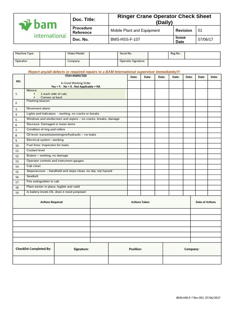 BMS-HSS-F-107 - Ringer Crane Operator Check Sheet (Daily) | PDF | Vehicles