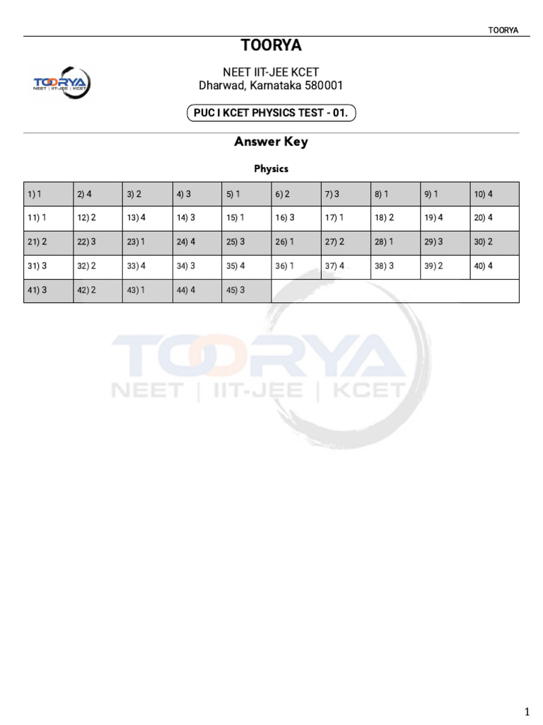 KCET Physics Test 01 Answer Key | PDF | Significant Figures | Angle