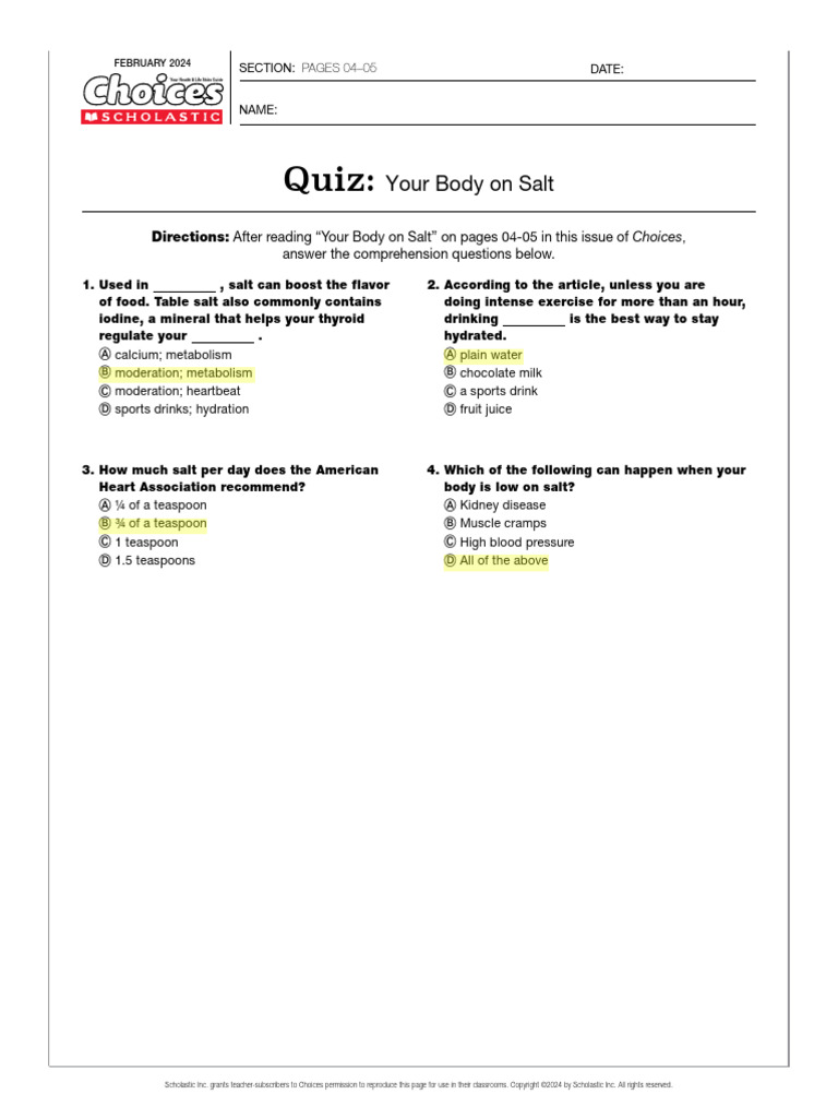 Salt and Hydration Quiz Guide | PDF | Medical Specialties