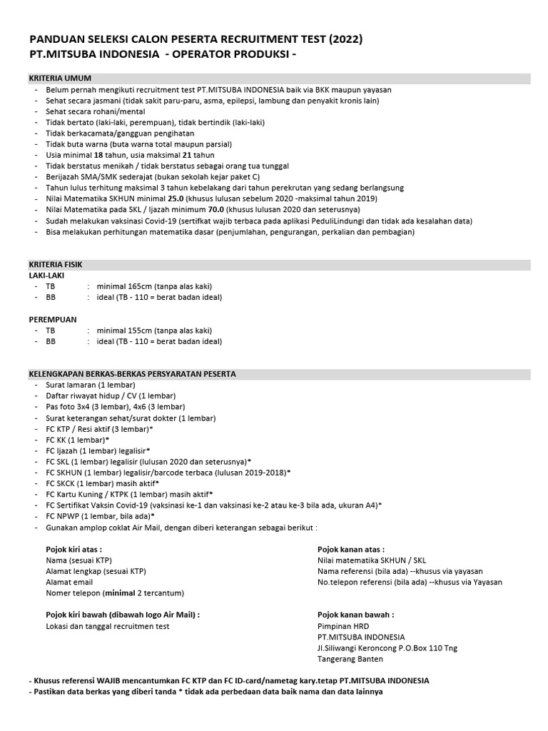 Panduan Seleksi Rekrutmen Operator Mitsuba | PDF
