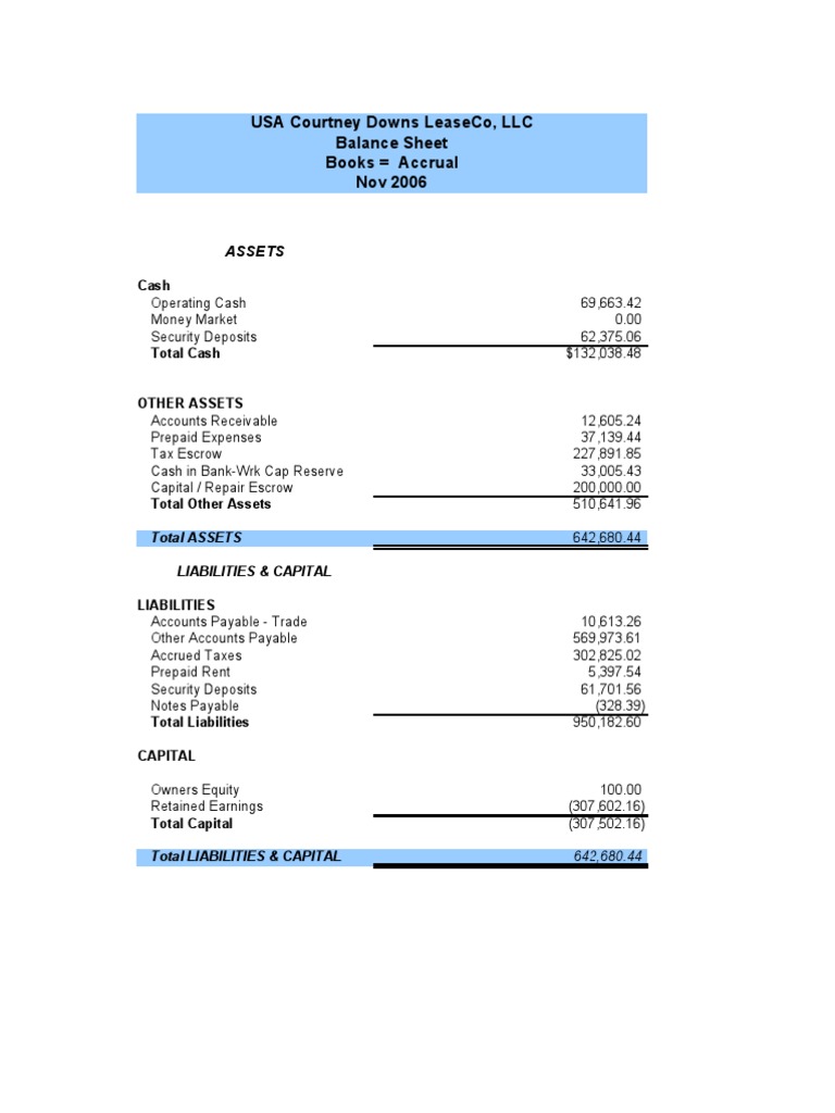 Usa Courtney Downs Leaseco, LLC Balance Sheet Books Accrual Nov 2006