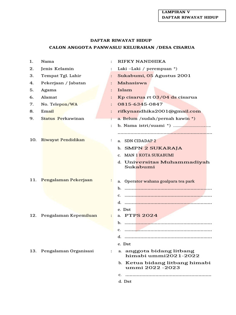 Riwayat Hidup Rifky Nandhika Panwaslu | PDF