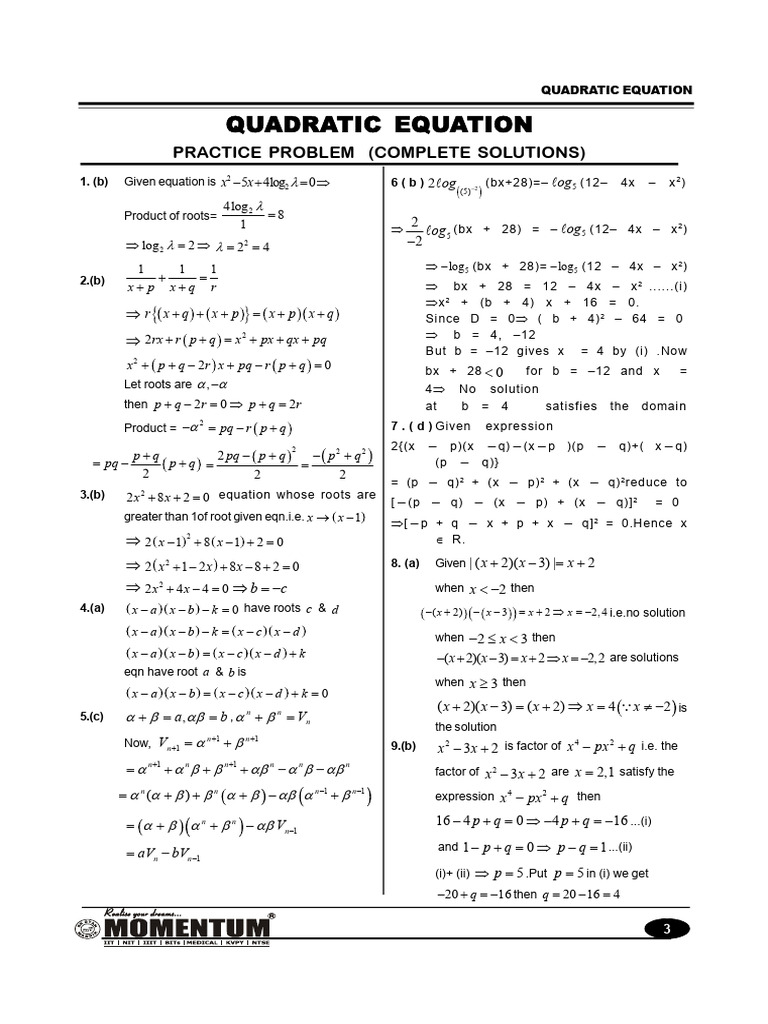 Quadratic Equation Solutions and Analysis | PDF | Mathematics ...