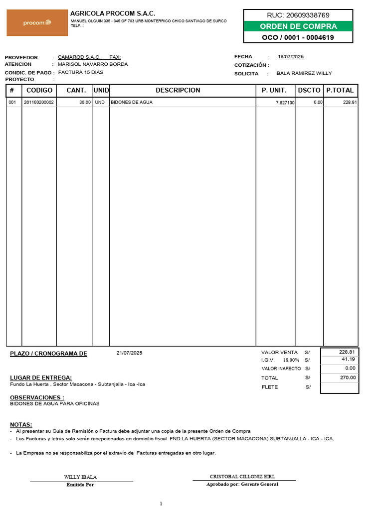 Orden de Compra: Bidones de Agua S.A.C. | PDF