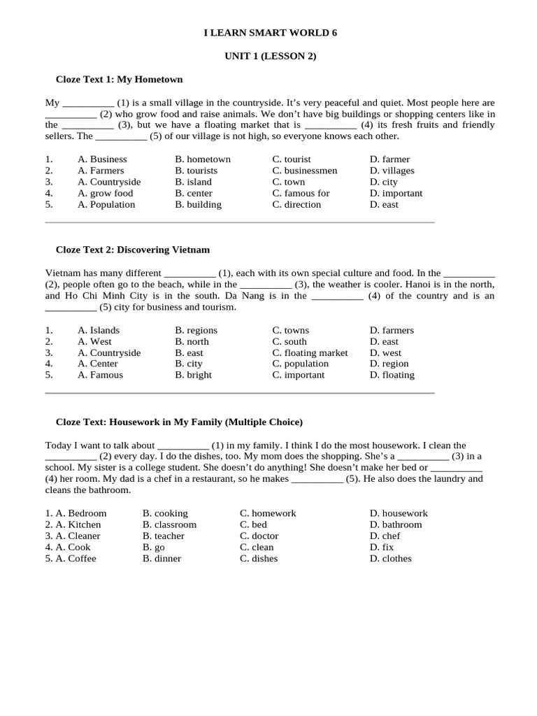 ILSW 6 - Unit 1 - Cloze Text | PDF | Foods | Cooking