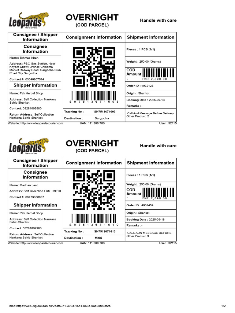 Overnight COD Parcel Shipment Details | PDF | Freight Transport