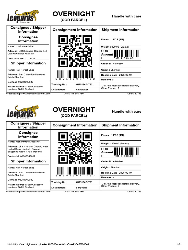 Overnight COD Parcel Shipment Details | PDF