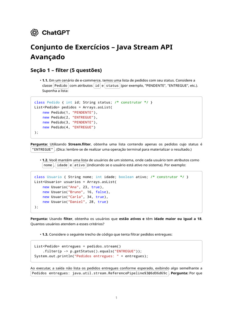 Exercícios Avançados Java Stream API | PDF | Thread (informática ...