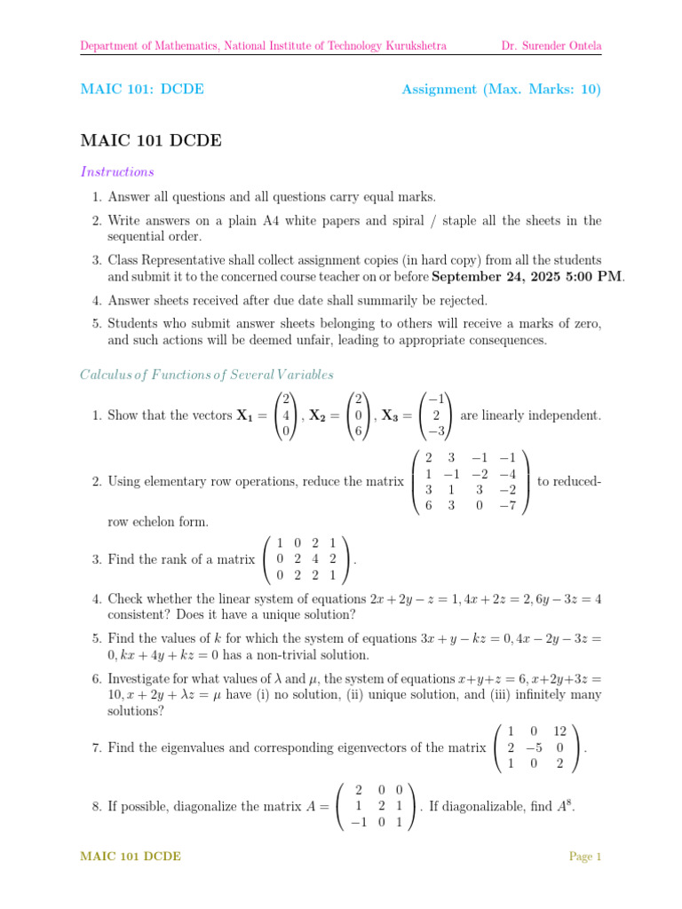 MAIC 101 DCDE Assignment Guidelines | PDF | Eigenvalues And ...