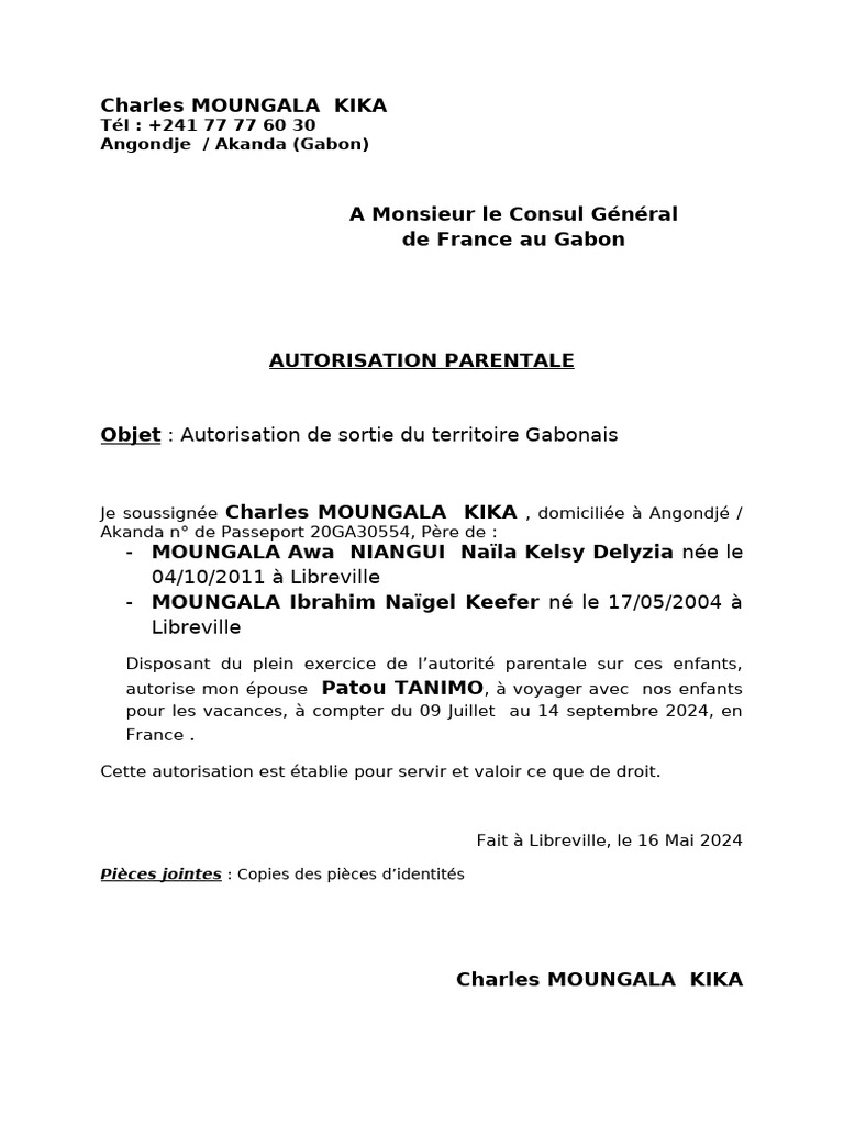 Autorisation parentale pour voyage Gabon | PDF