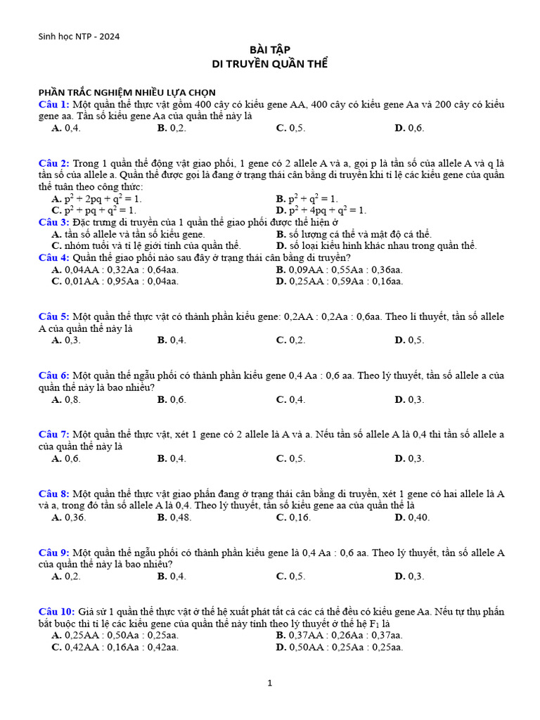 Bài tập DT Quần thể | PDF