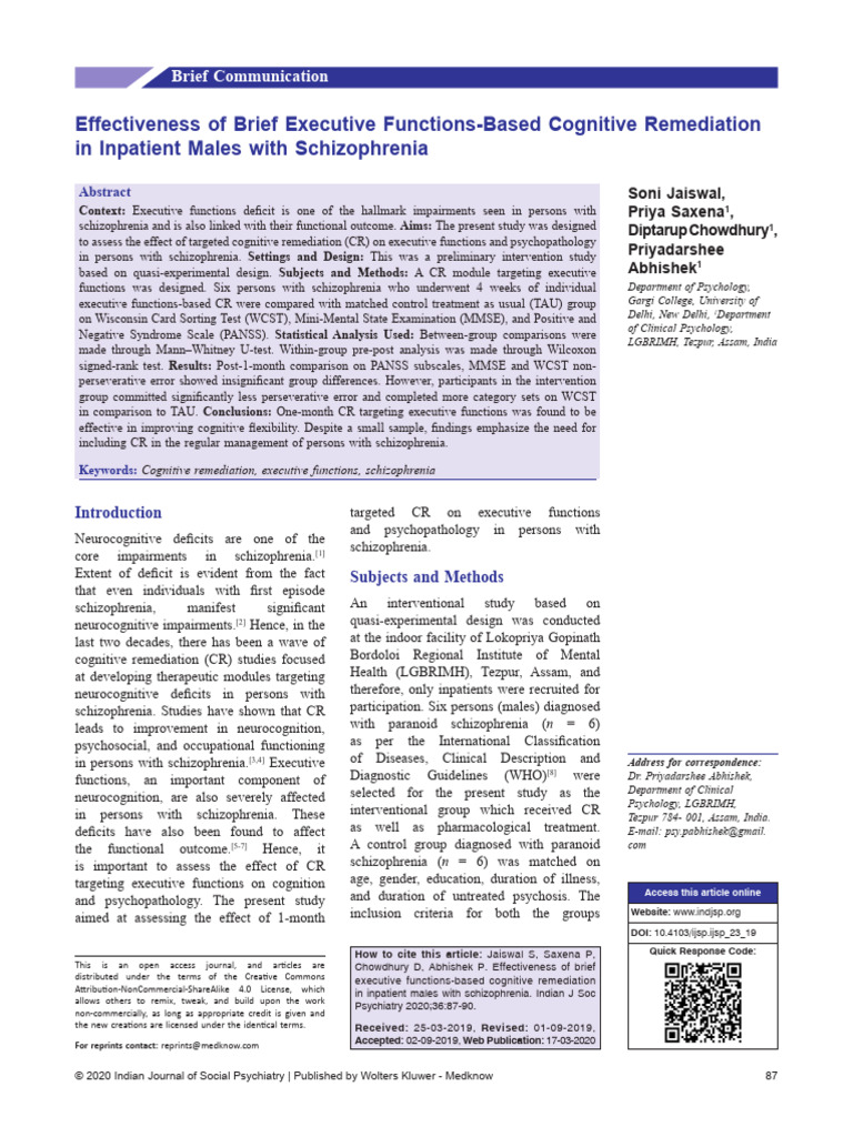 Cognitive Remediation in Schizophrenia | PDF | Schizophrenia ...