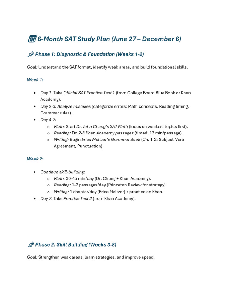 6-Month SAT Study Plan Overview | PDF | Sat