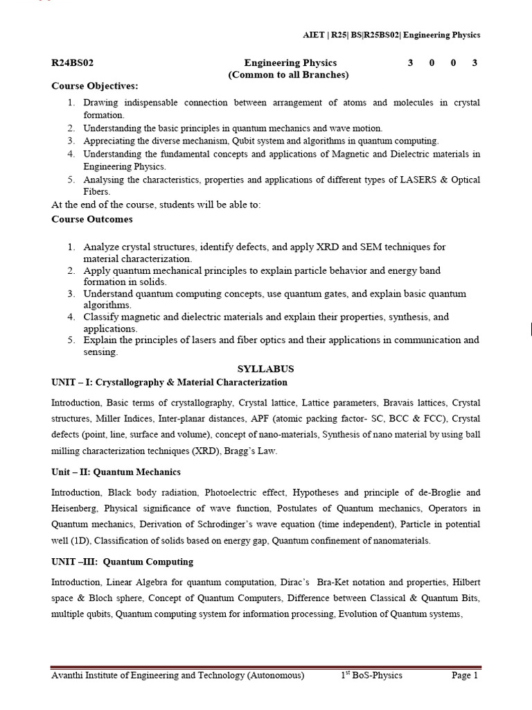 Engineering Physics Course Syllabus | PDF | Crystal Structure | Quantum ...