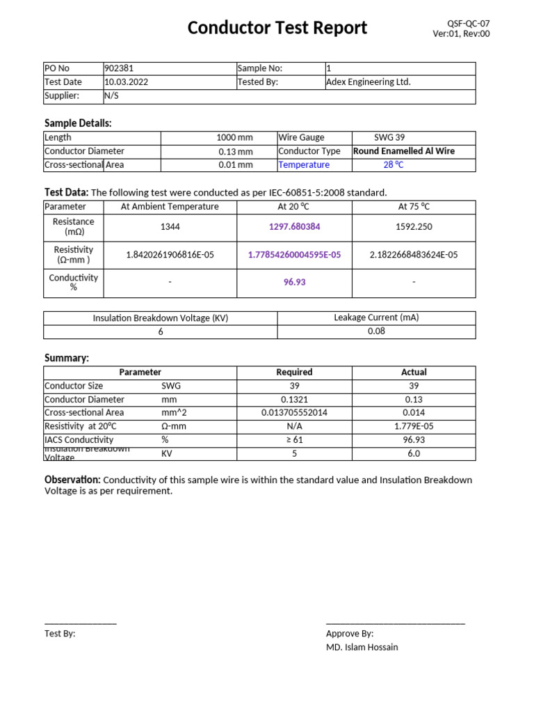 Conductor Test Report Summary | PDF | Electrical Conductor | Insulator ...