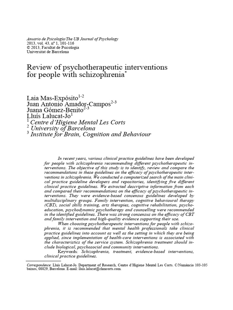 Psychotherapeutic Interventions for Schizophrenia | PDF | Psychotherapy ...