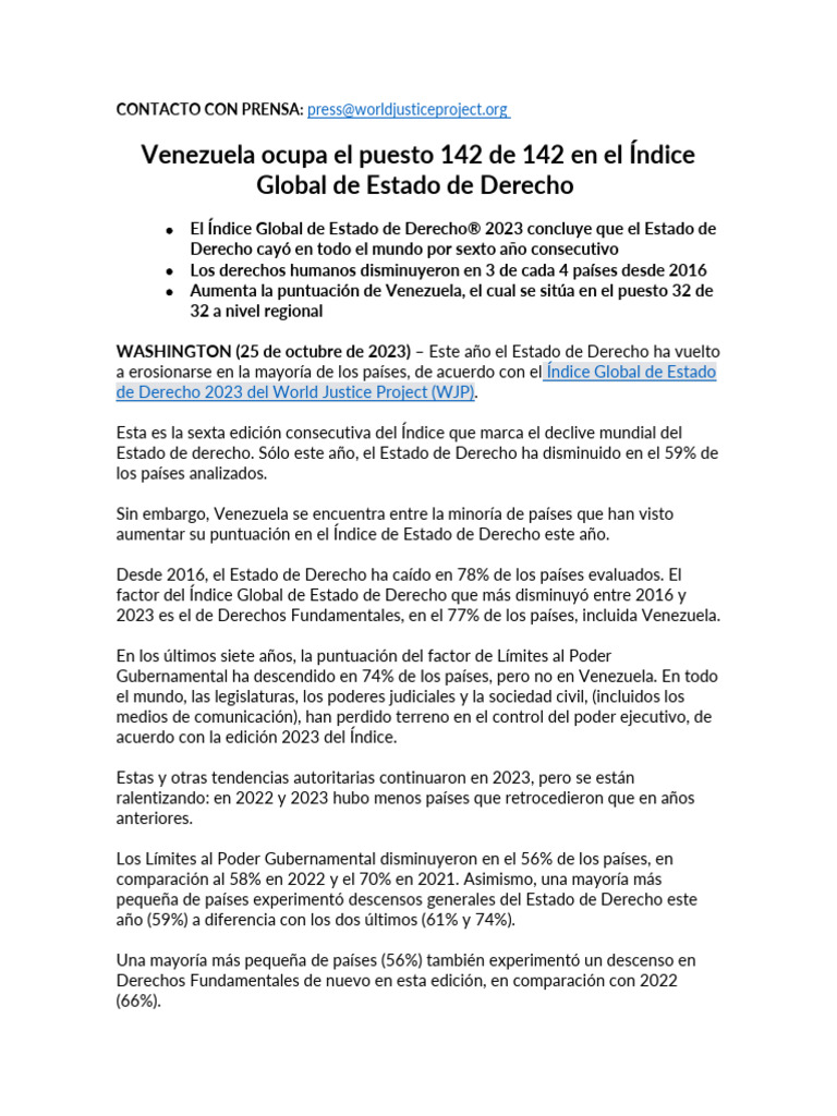 Venezuela: Último en Estado de Derecho 2023 | PDF | Venezuela | Gobierno