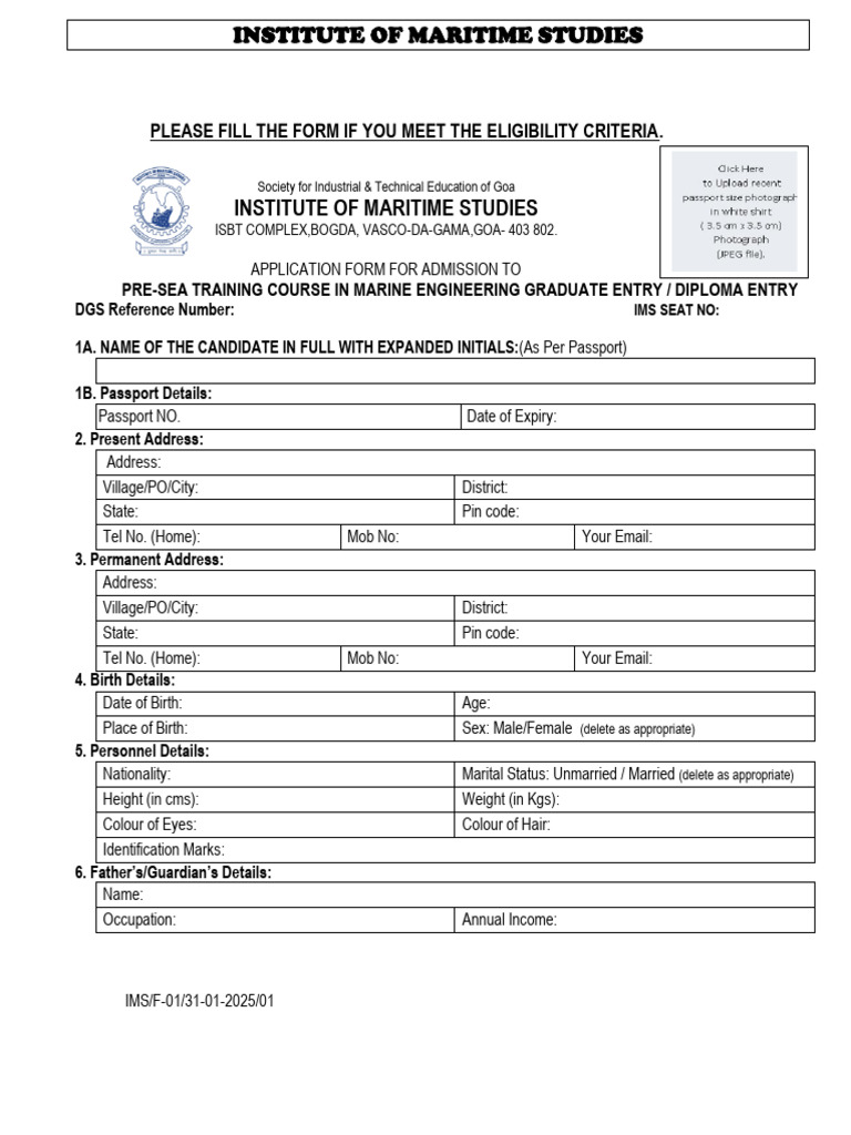 Maritime Studies Admission Application Form | PDF | Educational Stages