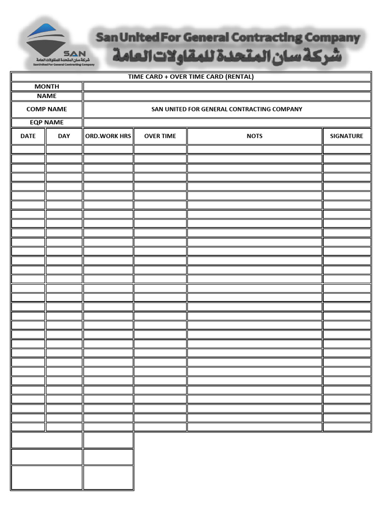 Overtime Hours Time Card Template | PDF