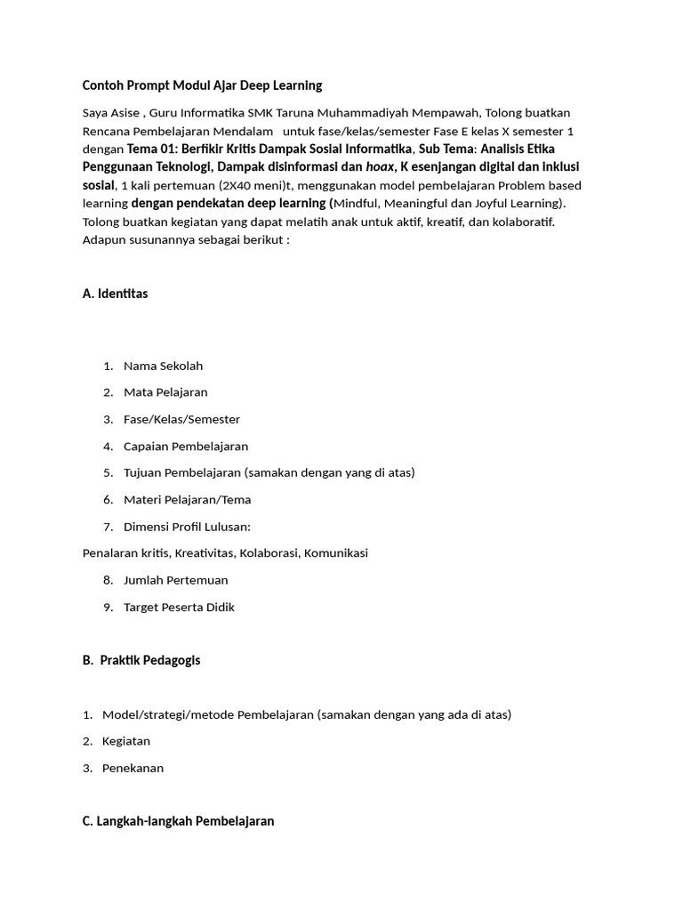 Prompt Modul Ajar Deep Learning SMK | PDF