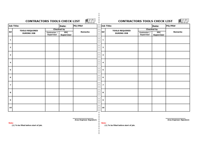 Contractor Tools Checklist Template | PDF