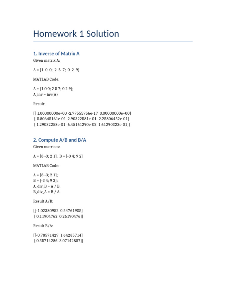 Matrix Inversion and Division Solutions | PDF