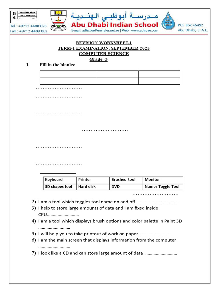Grade 3 Computer Science Revision Worksheet | PDF | Computer Monitor ...
