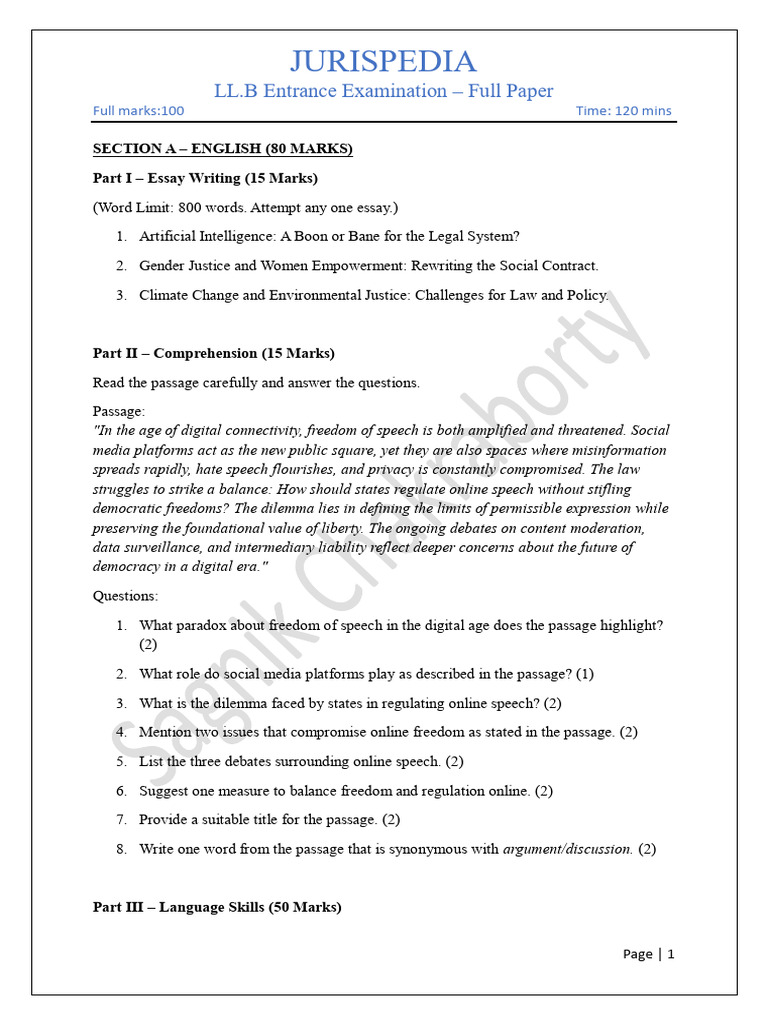 LL.B Entrance Exam: Full Paper Guide | PDF | Justice | Crime & Violence