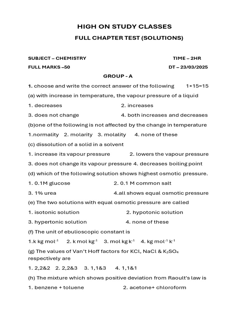 Chemistry Full Chapter Test Solutions | PDF | Chemistry | Chemical ...