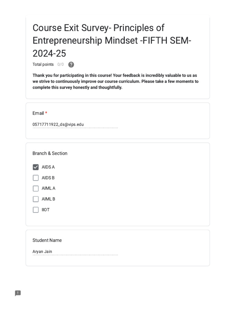 Course Exit Survey - Principles of Entrepreneurship Mindset - FIFTH SEM ...