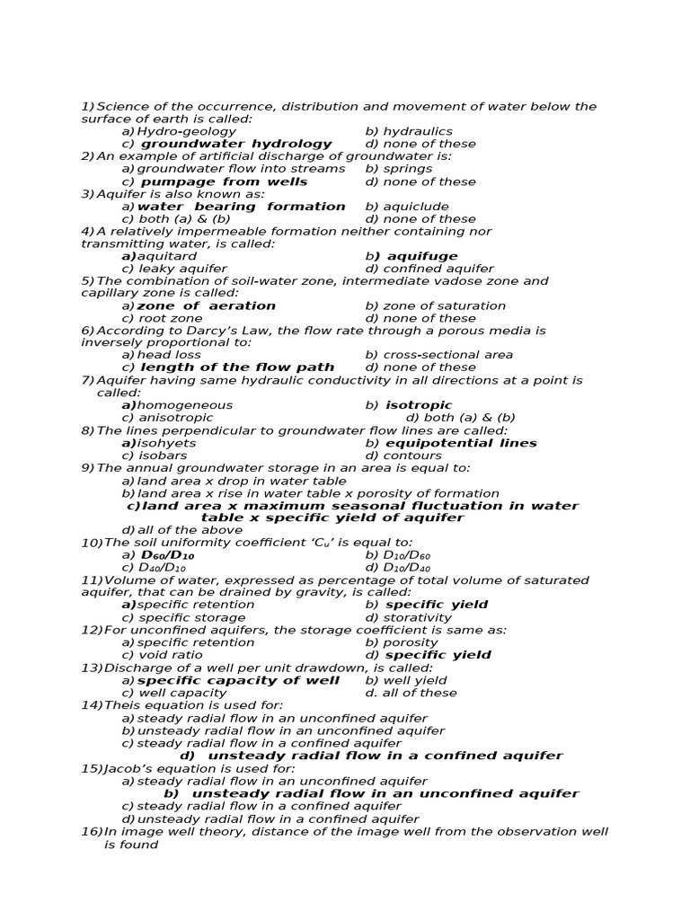 Groundwater and Hydrology Quiz Questions | PDF | Aquifer | Pump
